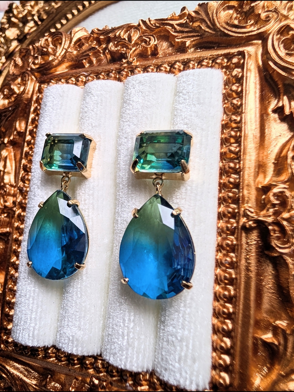Blue-Green Teardrop Glass Crystal Drop Earrings
